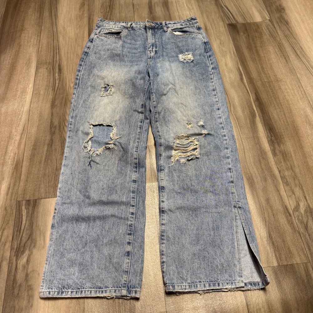 YMI Jeans USA Distressed Wide Leg Light Wash Blue Denim Side Slit Size 15/32